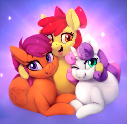 Size: 1200x1170 | Tagged: safe, artist:mrscurlystyles, artist:rodrigues404, character:apple bloom, character:scootaloo, character:sweetie belle, species:earth pony, species:pegasus, species:pony, species:unicorn, g4, adorabloom, collaboration, crusaderbetes, cute, cutealoo, cutie mark crusaders, diasweetes, female, filly, hair ribbon, hnnng, horn, looking at you, one eye closed, open mouth, smiling, sparkles, trio