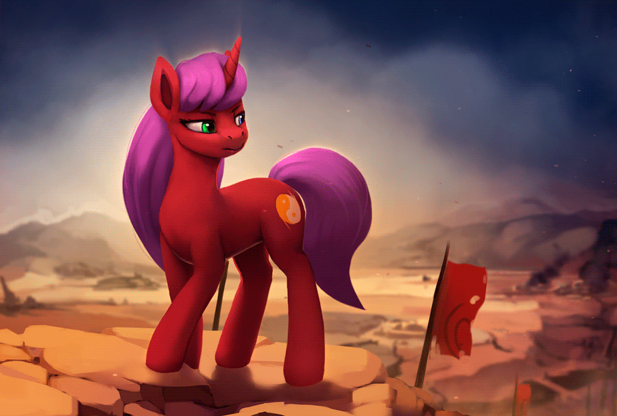 Size: 900x607 | Tagged: safe, artist:rodrigues404, oc, oc only, species:pony, species:unicorn, animated, banner, cinemagraph, commission, desert, female, flag, mare, scenery, smoke, solo, wind