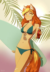 Size: 905x1280 | Tagged: safe, artist:glorious-rarien, oc, oc only, oc:sand veil, species:anthro, species:earth pony, species:pony, anthro oc, belly button, bikini, breasts, cleavage, clothing, coca-cola, coke bottle, digital art, drink, female, mare, soda, sunglasses, surfboard, swimsuit, ych result