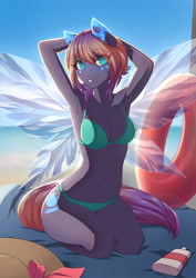 Size: 905x1280 | Tagged: safe, artist:glorious-rarien, oc, oc only, oc:lumina flare, species:anthro, species:pony, anthro oc, arm behind head, armpits, beach, belly button, bikini, breasts, cleavage, clothing, female, hybrid, kneeling, looking at you, mare, midriff, ocean, pinup, short hair, swimsuit, ych result
