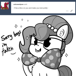 Size: 1650x1650 | Tagged: safe, artist:tjpones, oc, oc only, oc:brownie bun, species:earth pony, species:pony, horse wife, ask, black and white, bow tie, bucktooth, ear fluff, female, grayscale, mare, monochrome, nerd, simple background, solo, tumblr, white background