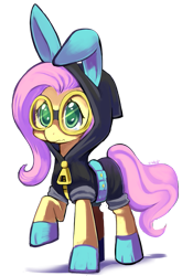 Size: 543x822 | Tagged: safe, artist:ende26, character:fluttershy, species:pegasus, species:pony, bunny ears, clothing, costume, cute, dangerous mission outfit, female, goggles, hoodie, mare, raised hoof, signature, simple background, solo, transparent background, wavy mouth