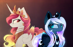 Size: 2313x1486 | Tagged: safe, artist:magnaluna, character:princess celestia, character:princess luna, species:alicorn, species:pony, alternate hairstyle, alternate universe, colored wings, cutie mark, duo, female, gradient background, horn, jewelry, looking at each other, multicolored wings, regalia, simple background, wings