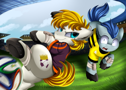 Size: 3518x2509 | Tagged: safe, artist:pridark, oc, oc only, oc:striker, unnamed oc, species:pony, audience, ball, clothing, commission, duo, football, open mouth, soccer field, sports, stadium