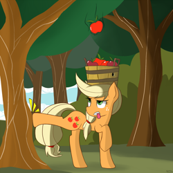 Size: 1280x1280 | Tagged: safe, artist:genericmlp, character:applejack, species:earth pony, species:pony, apple, apple tree, applebucking, bucking, falling, female, food, mare, solo, tongue out, tree
