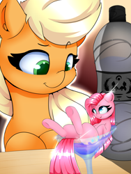 Size: 2400x3200 | Tagged: safe, artist:madacon, character:applejack, character:pinkamena diane pie, character:pinkie pie, species:earth pony, species:pony, bar, cocktail glass, cup, cup of pony, cute, diapinkes, glass, looking down, loose hair, martini glass, micro, size difference