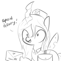 Size: 1650x1650 | Tagged: safe, artist:tjpones, character:queen chrysalis, species:changeling, changeling queen, clothing, dialogue, female, grayscale, hat, hoof hold, letter, love letter, mail, mailmare, monochrome, simple background, sketch, solo, white background