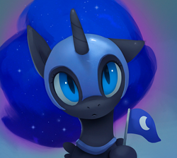 Size: 750x673 | Tagged: safe, artist:rodrigues404, character:nightmare moon, character:princess luna, species:alicorn, species:pony, cute, ethereal mane, female, filly, flag, galaxy mane, gradient background, helmet, looking at you, mare, moonabetes, nightmare woon, solo
