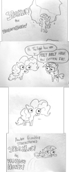 Size: 1799x4510 | Tagged: safe, artist:tjpones, character:pinkie pie, character:twilight sparkle, character:twilight sparkle (alicorn), species:alicorn, species:earth pony, species:pony, ..., black and white, chibi, comic, dialogue, duo, eyes closed, female, flying, grayscale, lineart, mare, monochrome, simple background, sparkles! the wonder horse!, speech bubble, text, traditional art, white background