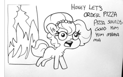 Size: 1920x1210 | Tagged: safe, artist:tjpones, oc, oc only, oc:brownie bun, species:earth pony, species:pony, horse wife, black and white, chest fluff, dialogue, ear fluff, female, fire, food, grayscale, i have failed the dins, ink drawing, lineart, mare, monochrome, pizza, pizza time, simple background, solo, this ended in fire, this is fine, this will end in death, this will end in pizza time, this will end in tears and/or death, traditional art, white background, xk-class end-of-the-kitchen scenario