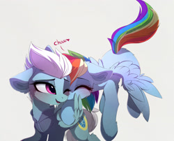 Size: 2719x2194 | Tagged: safe, artist:magnaluna, character:fleetfoot, character:rainbow dash, species:pegasus, species:pony, ship:fleetdash, blushing, clothing, cuddling, cute, dashabetes, eyes closed, female, flying, folded wings, gift art, jacket, kiss on the cheek, kissing, lesbian, magnaluna is trying to murder us, mare, one eye closed, shipping, simple background, white background