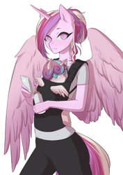 Size: 905x1280 | Tagged: safe, artist:glorious-rarien, character:princess cadance, character:princess flurry heart, species:alicorn, species:anthro, species:pony, species:unguligrade anthro, baby, baby bottle, baby carrier, big wings, clothing, female, filly, foal, iphone, looking at you, looking back, looking back at you, mama cadence, mare, milk, mother and daughter, simple background, white background, wings