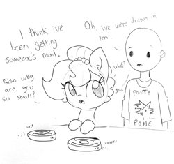 Size: 1535x1440 | Tagged: safe, artist:tjpones, oc, oc only, oc:brownie bun, oc:richard, species:earth pony, species:human, species:pony, horse wife, breaking the fourth wall, dialogue, female, grayscale, human male, lineart, male, mare, meta, monochrome, roomba, simple background, traditional art, vrrr, white background