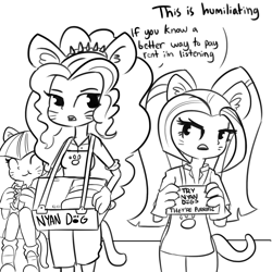 Size: 1650x1650 | Tagged: safe, artist:tjpones, character:adagio dazzle, character:aria blaze, character:sonata dusk, species:siren, equestria girls:rainbow rocks, g4, my little pony:equestria girls, black and white, cat ears, cat gloves, clothing, dialogue, eating, female, food, gloves, grayscale, hot dog, meat, monochrome, nya, paw prints, pun, sausage, simple background, smiling, the dazzlings, trio, whiskers, white background