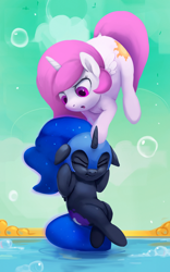 Size: 750x1200 | Tagged: safe, artist:rodrigues404, character:nightmare moon, character:princess celestia, character:princess luna, species:alicorn, species:pony, cewestia, cute, cutelestia, duo, female, filly, floppy ears, helmet, moonabetes, nightmare woon, pink-mane celestia, royal sisters, siblings, sisters, younger