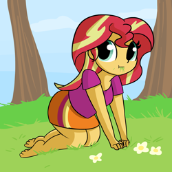 Size: 1650x1650 | Tagged: safe, artist:tjpones, character:sunset shimmer, my little pony:equestria girls, all fours, barefoot, cute, eating, feet, female, grass, grazing, homesick shimmer, humans doing horse things, shimmerbetes, solo, sunset wants her old digestive system back