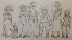 Size: 1280x721 | Tagged: safe, artist:uc77, character:applejack, character:fluttershy, character:pinkie pie, character:rainbow dash, character:rarity, character:spike, character:twilight sparkle, species:human, clothing, grayscale, humanized, mane seven, monochrome, traditional art