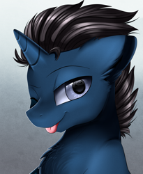 Size: 1446x1764 | Tagged: safe, artist:pridark, oc, oc:slashing prices, species:pony, species:unicorn, bust, chest fluff, commission, eye reflection, male, one eye closed, portrait, raised eyebrow, reflection, simple background, solo, stallion, tongue out, wink