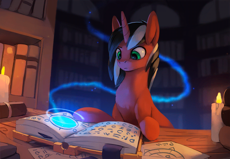 Size: 800x553 | Tagged: safe, artist:rodrigues404, oc, oc only, oc:phantom, species:pony, species:unicorn, animated, book, candle, cinemagraph, commission, gif, magic, magical artifact, solo