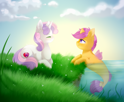 Size: 2892x2400 | Tagged: safe, artist:twinkepaint, character:scootaloo, character:sweetie belle, species:pegasus, species:pony, species:seapony (g4), species:unicorn, episode:surf and/or turf, g4, my little pony: friendship is magic, female, filly, grass, seaponified, seapony scootaloo, smiling, species swap, water