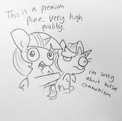 Size: 1245x1237 | Tagged: safe, artist:tjpones, character:starlight glimmer, character:twilight sparkle, character:twilight sparkle (alicorn), species:alicorn, species:pony, species:unicorn, black and white, dialogue, duo, female, grayscale, holding a pony, horn, lineart, mare, monochrome, pone, traditional art