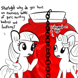 Size: 1650x1650 | Tagged: safe, artist:tjpones, character:starlight glimmer, character:twilight sparkle, character:twilight sparkle (alicorn), species:alicorn, species:pony, species:unicorn, episode:all bottled up, g4, my little pony: friendship is magic, anger magic, bottle, bottled rage, chains, dialogue, duo, fair enough, female, lego, magic, mare, monochrome, neo noir, partial color, raised hoof, stepping on a lego, truth