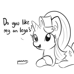 Size: 1650x1650 | Tagged: safe, artist:tjpones, character:starlight glimmer, species:pony, species:unicorn, crossed hooves, cute, description is relevant, dialogue, ear fluff, glimmerbetes, grammar error, grayscale, intentional grammar error, lego, monochrome, prone, simple background, smiling, solo, white background