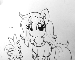 Size: 1367x1081 | Tagged: safe, artist:tjpones, character:wallflower blush, species:earth pony, species:pony, equestria girls:forgotten friendship, g4, my little pony:equestria girls, ..., black and white, clothing, cute, ear fluff, equestria girls ponified, female, flowerbetes, grayscale, lineart, mare, monochrome, plant, ponified, potted plant, simple background, sweater, traditional art, wallflower and plants