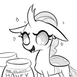 Size: 1650x1650 | Tagged: safe, artist:tjpones, character:ocellus, species:changeling, species:reformed changeling, changeling feeding, cute, cuteling, diaocelles, eyes on the prize, female, floppy ears, food, grayscale, happy, honey, lineart, monochrome, open mouth, simple background, smiling, solo, sparkles, tjpones is trying to murder us, white background