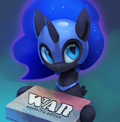 Size: 1182x1200 | Tagged: safe, artist:rodrigues404, character:nightmare moon, character:princess luna, species:alicorn, species:pony, g4, board game, cute, ethereal mane, female, filly, helmet, hoof hold, looking at you, looking up, looking up at you, moonabetes, nightmare woon, risk, solo, war, wings, younger