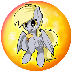Size: 2539x2539 | Tagged: safe, artist:flamevulture17, character:derpy hooves, species:pegasus, species:pony, female, flying, food, mare, muffin, orb, simple background, smiling, solo, transparent background