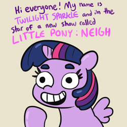 Size: 1650x1650 | Tagged: safe, artist:tjpones, character:twilight sparkle, character:twilight sparkle (alicorn), species:alicorn, species:pony, calarts, cursed image, dialogue, female, funny aneurysm moment, gray background, grinning potato, harsher in hindsight, hilarious in hindsight, mare, my little pony: neigh, neigh, open mouth, parody, pointing, simple background, sitting, smiling, solo, spread wings, take that, thin-line style, thundercats roar, wings