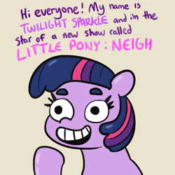 Size: 1650x1650 | Tagged: safe, artist:tjpones, edit, character:twilight sparkle, species:earth pony, species:pony, g5 leak, calarts, dialogue, earth pony twilight, female, grinning potato, harsher in hindsight, hilarious in hindsight, mare, meme, my little pony: neigh, neigh, open mouth, pointing, simple background, sitting, smiling, solo, thin-line style, thundercats roar, twilight sparkle (g5), wingless, wingless edit