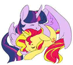 Size: 573x508 | Tagged: safe, artist:clayterran, character:sunset shimmer, character:twilight sparkle, character:twilight sparkle (alicorn), species:alicorn, species:pony, species:unicorn, ship:sunsetsparkle, cuddling, curved horn, cute, cutie mark, eyes closed, female, lesbian, mare, one wing out, shipping, simple background, sleeping, white background