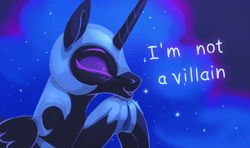 Size: 1200x709 | Tagged: safe, artist:rodrigues404, character:nightmare moon, character:princess luna, species:alicorn, species:pony, g4, :o, armor, blushing, cute, denial, eyes closed, eyeshadow, female, hooves together, makeup, mare, moonabetes, nicemare moon, open mouth, profile, purple background, simple background, smiling, solo, sparkles, text