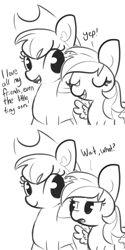 Size: 1650x3300 | Tagged: safe, artist:tjpones, character:applejack, character:rainbow dash, species:earth pony, species:pegasus, species:pony, clothing, cowboy hat, dialogue, ear fluff, eyes closed, female, grayscale, hat, mare, monochrome, open mouth, simple background, smoldash, u wot m8, wait what, white background