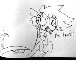 Size: 1747x1392 | Tagged: safe, artist:tjpones, oc, oc only, species:lamia, adorable trash, black and white, cute, dialogue, forked tongue, grayscale, lineart, monochrome, original species, rattle, rattlesnake, snake pony, solo, tongue out, traditional art