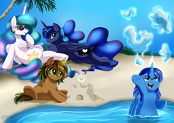 Size: 3550x2509 | Tagged: safe, artist:pridark, character:princess celestia, character:princess luna, oc, parent:princess celestia, parent:princess luna, parents:princest, species:alicorn, species:pony, ship:princest, alicorn oc, beach, colt, female, filly, incest, lesbian, magical lesbian spawn, male, mare, momlestia, offspring, product of incest, relaxing, royal sisters, shipping, smiling, true love princesses, water