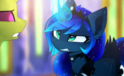 Size: 1995x1223 | Tagged: safe, artist:magnaluna, character:princess luna, character:thorax, species:alicorn, species:changeling, species:pony, species:reformed changeling, episode:celestial advice, g4, my little pony: friendship is magic, curved horn, cute, duo, ethereal mane, female, galaxy mane, glowing horn, lunabetes, magic, mare, scene interpretation, swirly markings