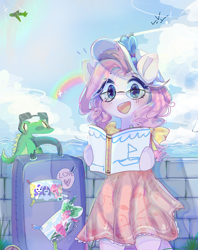 Size: 882x1112 | Tagged: safe, artist:windymils, character:gummy, character:pinkie pie, bipedal, clothing, cloud, cute, diapinkes, dress, female, glasses, happy, implied mane six, looking at you, luggage, open mouth, plane, rainbow, semi-anthro, sky, smiling, suitcase, travelling