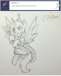 Size: 1036x1300 | Tagged: safe, artist:chautung, character:derpy hooves, jewelry, pencil drawing, princess derpy, regalia, request, requested art, sketch, traditional art