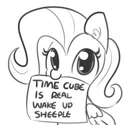 Size: 1650x1650 | Tagged: safe, artist:tjpones, character:fluttershy, species:pegasus, species:pony, conspiracy theory, cute, ear fluff, female, flutterdumb, fluttershy's note meme, funny, funny as hell, lineart, looking at you, mare, meme, monochrome, mouth hold, nom, shyabetes, sign, simple background, sitting, sketch, smiling, solo, timecube, wake up sheeple, white background