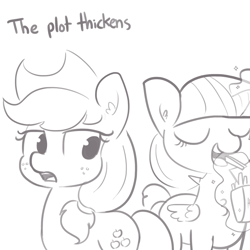 Size: 1650x1650 | Tagged: safe, artist:tjpones, character:applejack, character:twilight sparkle, character:twilight sparkle (alicorn), species:alicorn, species:earth pony, species:pony, clothing, cowboy hat, deadpan snarker, duo, duo female, eating, female, food, french fries, grayscale, hat, hay fries, mare, monochrome, overeating, simple background, sketch, stetson, the plot thickens, this will end in weight gain, white background