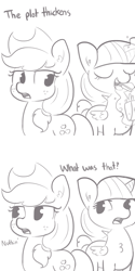 Size: 1650x3300 | Tagged: safe, artist:tjpones, character:applejack, character:twilight sparkle, character:twilight sparkle (alicorn), species:alicorn, species:earth pony, species:pony, applejack's hat, chest fluff, clothing, cowboy hat, deadpan snarker, duo, duo female, eating, female, food, french fries, grayscale, hat, hay fries, mare, monochrome, simple background, sketch, stetson, the plot thickens, this will end in weight gain, white background