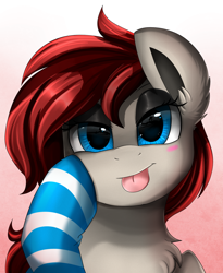 Size: 1446x1764 | Tagged: safe, artist:pridark, oc, oc only, oc:ponepony, species:pony, chest fluff, clothing, commission, cute, female, looking at you, mare, socks, solo, stockings, striped socks, thigh highs, tongue out
