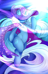 Size: 2500x3800 | Tagged: safe, artist:madacon, character:trixie, species:pony, species:unicorn, bipedal, cape, clothing, covering eyes, female, floating, glowing horn, hat, magic, mare, solo, trixie's cape, trixie's hat