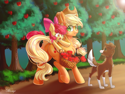 Size: 1024x768 | Tagged: safe, artist:foxcarp, character:apple bloom, character:applejack, character:winona, species:earth pony, species:pony, apple, apple tree, basket, bow, female, filly, food, mare, ponies riding ponies, riding, tree