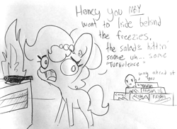 Size: 1860x1351 | Tagged: safe, artist:tjpones, oc, oc:brownie bun, oc:richard, species:earth pony, species:human, species:pony, horse wife, dialogue, duo, female, fire, grayscale, human male, husband and wife, imminent explosion, lineart, male, mare, monochrome, stove, this ended in fire, traditional art