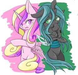 Size: 913x883 | Tagged: safe, artist:azurepicker, character:princess cadance, character:queen chrysalis, species:alicorn, species:changeling, species:pony, belly button, female