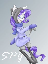 Size: 1200x1600 | Tagged: safe, artist:azurepicker, character:rarity, species:pony, species:unicorn, clothing, female, kunai, scarf, simple background, socks, solo, tongue out